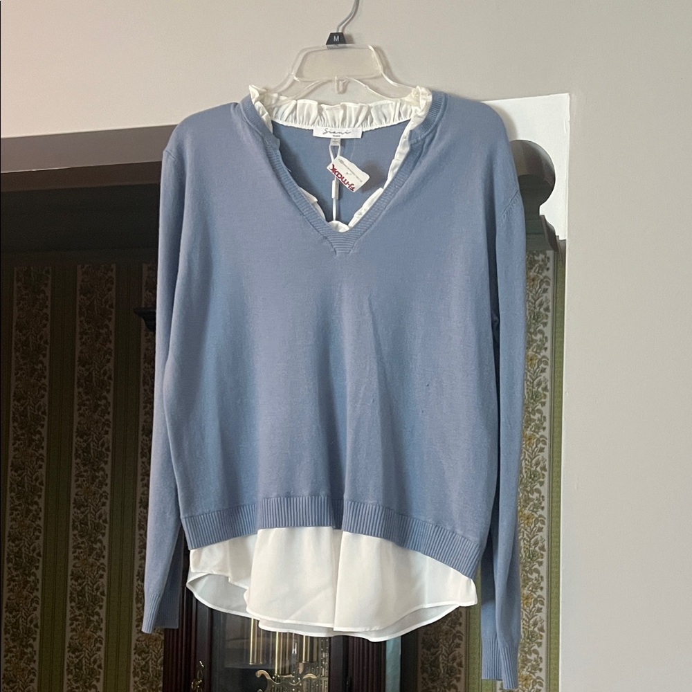 Blue V-Neck Sweater with White Layered Hem